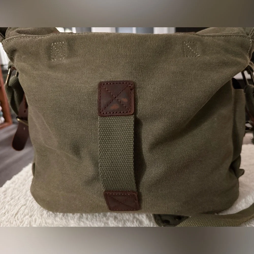 Military Green Canvas Crossbody Bag with Brown Leather Straps - Picture 7 of 11